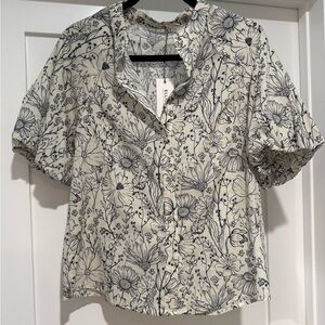 ELLISON Women’s Floral Blouse Size Small Cream Navy Puff Sleeve NWT